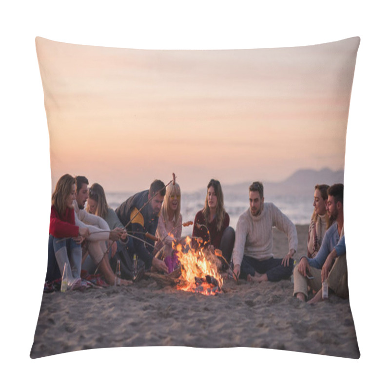 Personality  Group Of Young Friends Sitting By The Fire At Autumn Beach, Grilling Sausages And Drinking Beer, Talking And Having Fun Pillow Covers