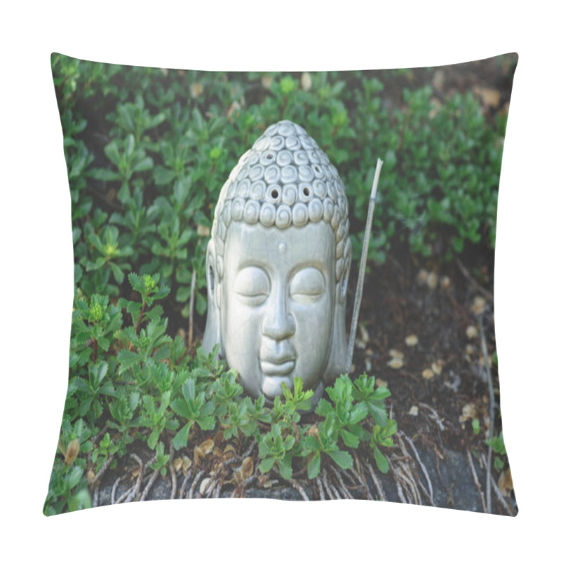 Personality  Buddha Head With Aromatic Smoking Stick And Green Plants Around Pillow Covers