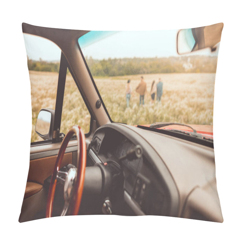 Personality  Vintage Car Interior With People Walking By Flower Field During Car Trip Blurred On Background Pillow Covers