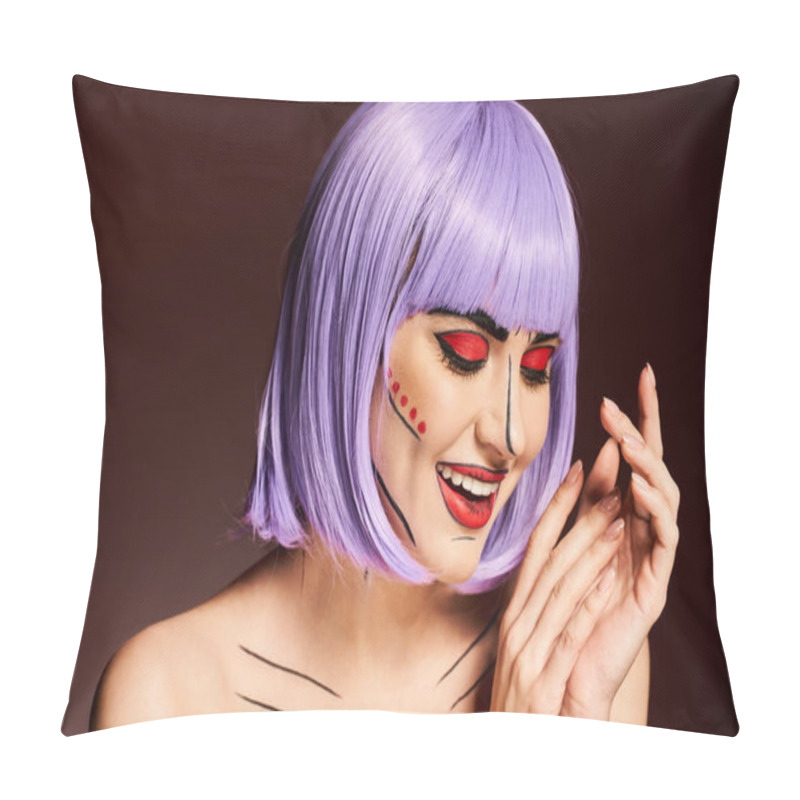 Personality  A Beautiful Woman Wears A Vivid Purple Wig And Bold, Comic-inspired Pop Art Makeup On A Black Background. Pillow Covers