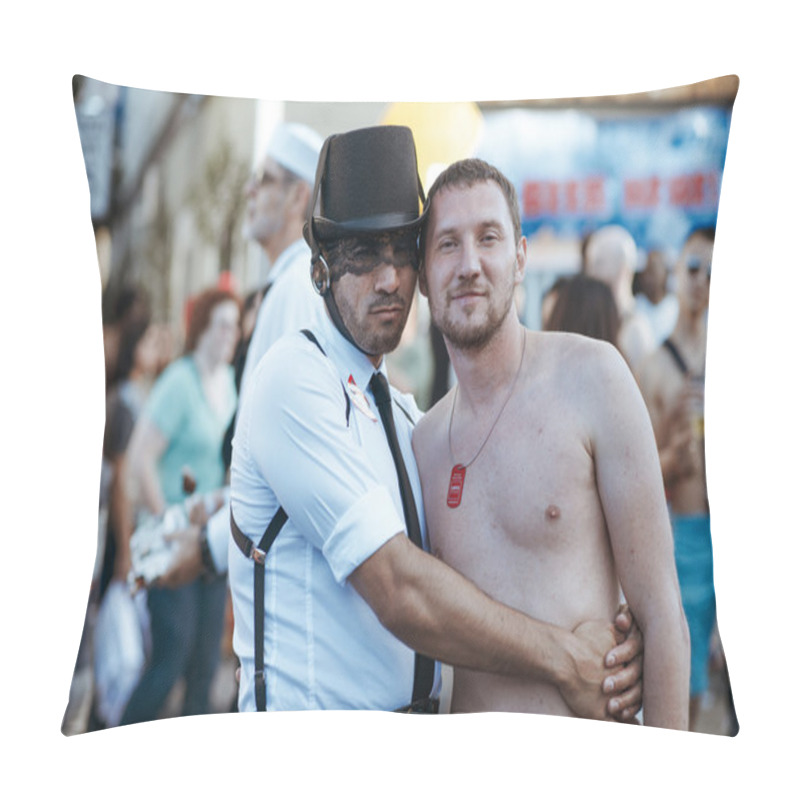 Personality  Unidentified People At The Annual Gay Festival Folsom Street Fair In San Francisco, Everyone Is Happy, Having Fun, And Wear Carnival Clothing Pillow Covers