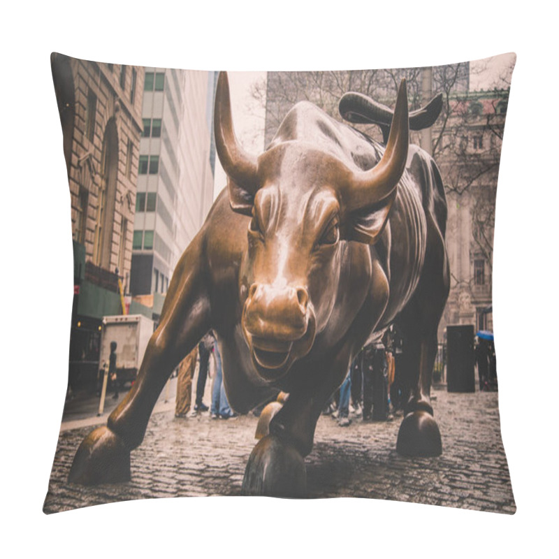 Personality  Charging Bull, Landmark In Lower Manhattan, New York City, Represents Aggressive Financial Optimism And Prosperity. Pillow Covers