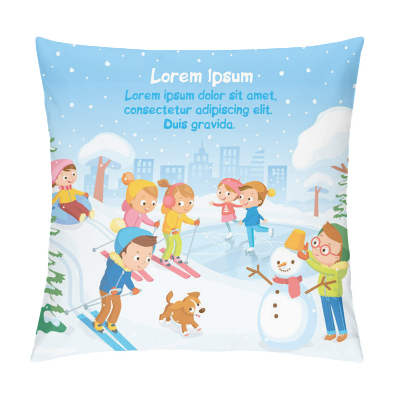 Personality  Vector Winter Scene With Kids Children Making Building Snowman,skating On Frozen Pond,skiing Riding On Down Hill And Sliding Down Hill On Tubes In Snowy Park,forest During Snowfall With City Landscape Pillow Covers