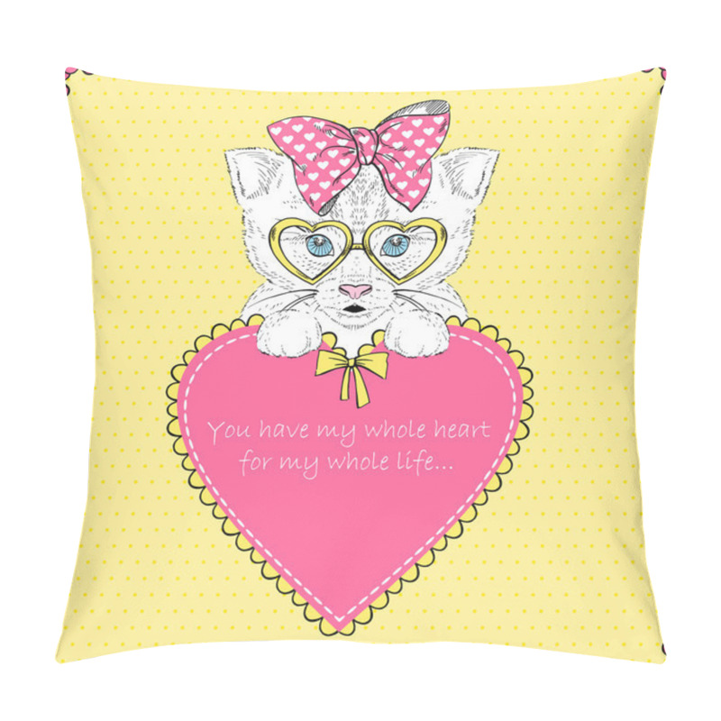 Personality  Hand Drawn Illustration Of Kitten Girl With Heart, Valentine Day, Love Pillow Covers