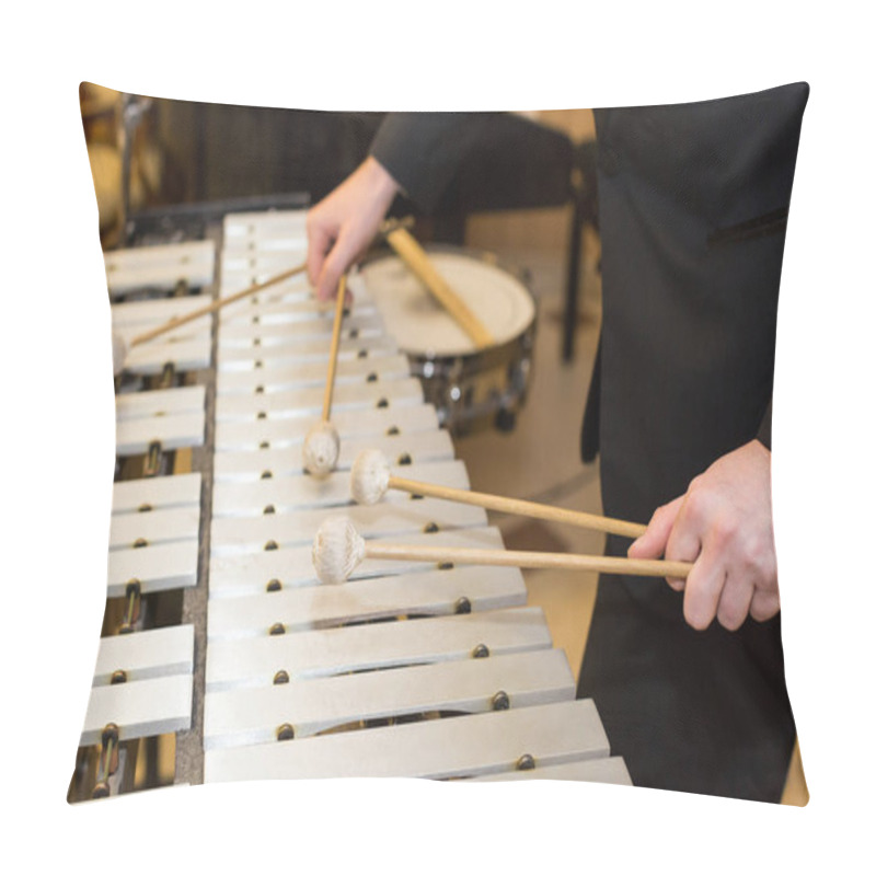 Personality  Xylophone In Orchestra, Playing Percussion Instruments Concept - Closeup On Wooden Bars With Four Mallets In Human Hands, Performer In Black Dress, Glockenspiel, Art Of Music, Selective Focus. Pillow Covers