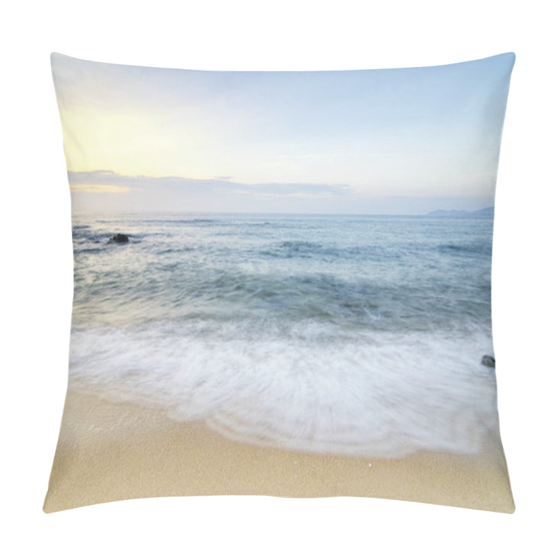 Personality  Travel And Vacation Concept Background, Beautiful Tropical Beach Sunrise Sea View. Soft Wave Hitting Sandy Beach Pillow Covers