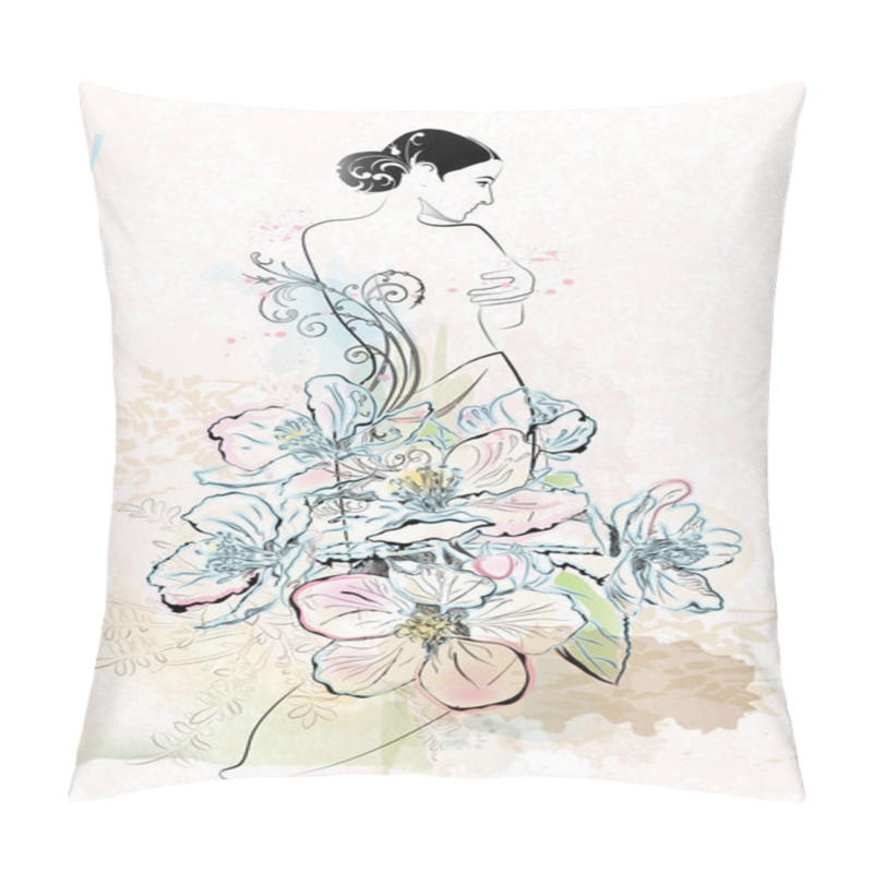 Personality  Freehand Sketch Of Beautiful Girl With Flowers In Art Nouveau St Pillow Covers