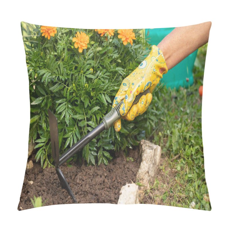 Personality  Hand Of Women Loosen With Hoe Ground In Flower Bed Of Marigold Close Up. Spring Work In Garden. Care Of Flowers In Flowerbeds. Pillow Covers