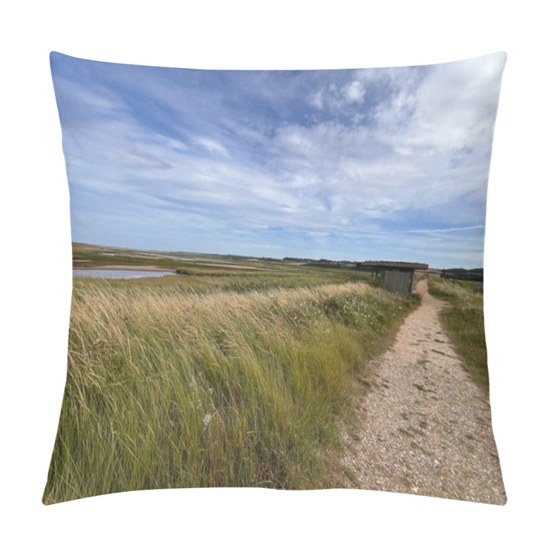 Personality  Landscape View Of Beautiful Nature Reserve Pathway Shore By Bird Watching Hide Wildlife Lakes Marsh Land By Ocean In Cley Next The Sea Norfolk East Anglia Uk Reeds Grass By Water Lake On Summer Day  Pillow Covers