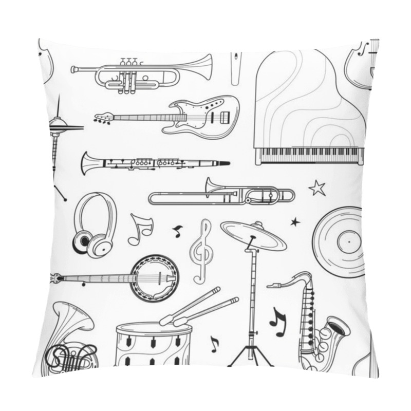 Personality  Musical Instruments Hand Drawn Outline Seamless Pattern. Piano, Drum Line Art Texture. Black Contour Percussion, Strumming Instruments On White Background. Jazz Performance Wallpaper Design Pillow Covers