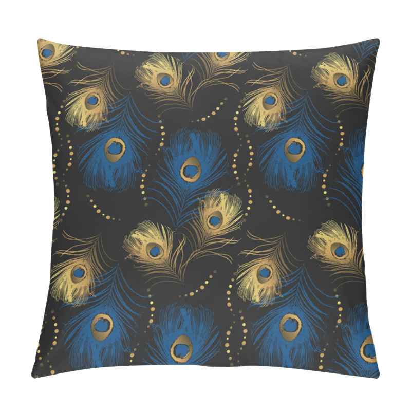 Personality  Abstract Seamless Pattern With Peacock Feathers On Black Background. Stock Vector Illustration. Pillow Covers