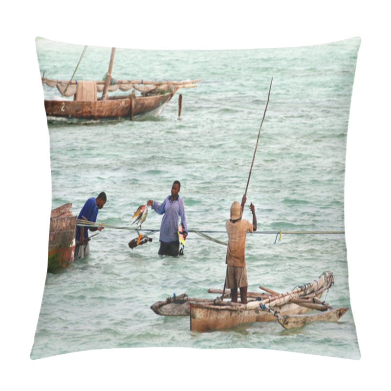 Personality  Fishing Near Shore, Young African Men Fishermen Go Sea Fishing. Pillow Covers