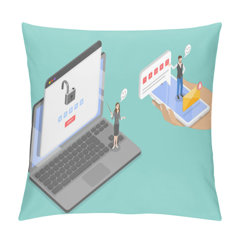 Personality  3D Isometric Flat Vector Illustration Of Two Steps Authentication, 2FA Multifactor Verification Pillow Covers