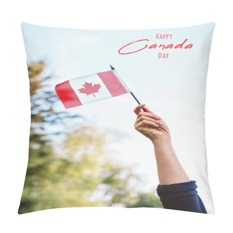 Personality  Happy Canada Day Card With Text. Closeup Of Woman Human Hand Arm Waving Canadian Flag Against Blue Sky. Proud Citizen Man Celebrating National Canada Day On 1st Of July Outdoor.  Pillow Covers