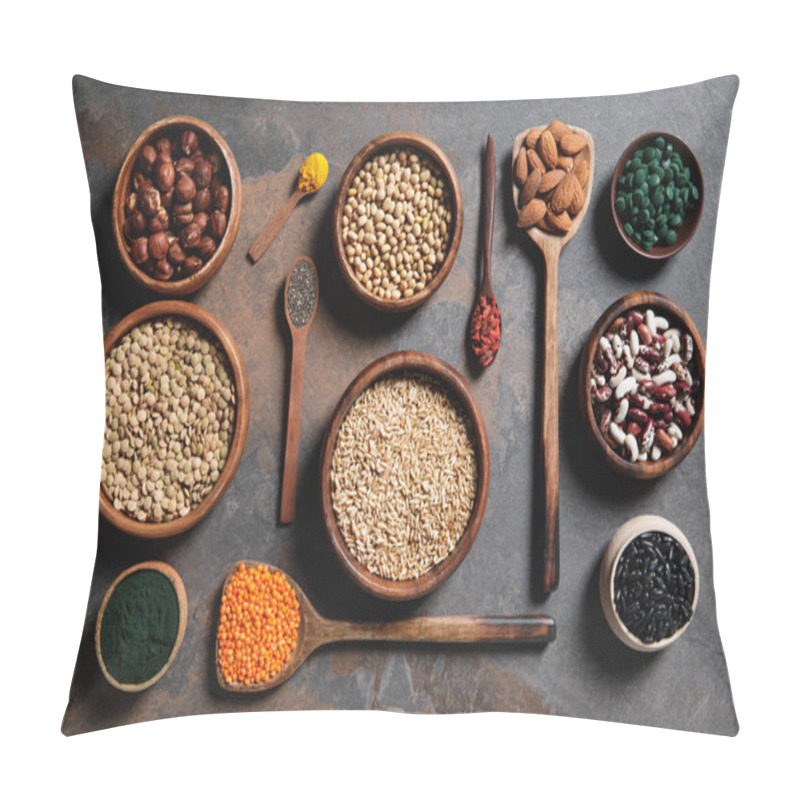 Personality  Flat Lay Of Wooden Bowls And Spoons With Superfoods, Legumes And Grains On Table Pillow Covers