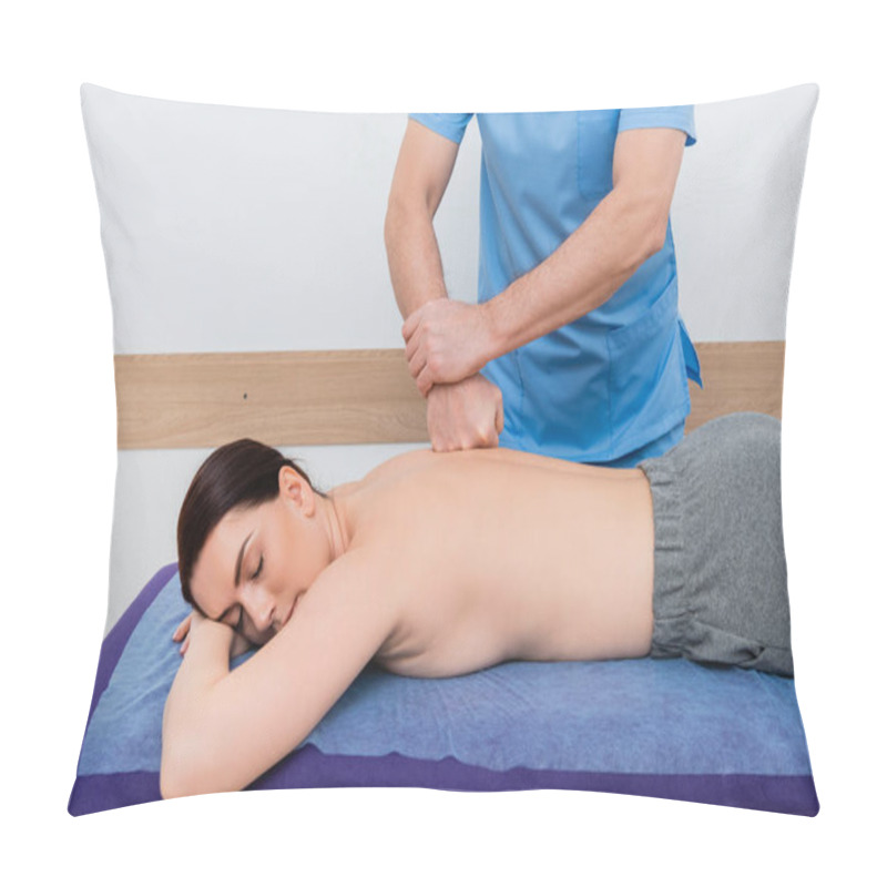 Personality  Brunette Woman Getting Back Massage In Rehabilitation Center Pillow Covers