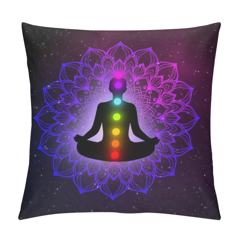 Personality  Abstract Meditation Man With Chakras And Golden Mandala In The Galaxy Illustration Design Background. Pillow Covers