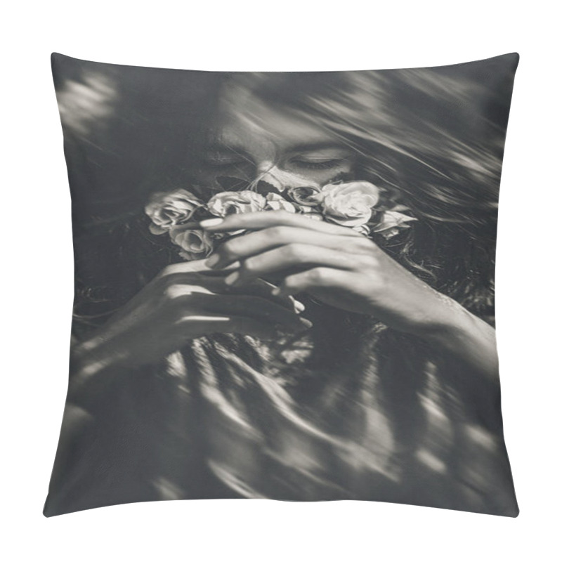 Personality  Beautiful Young Woman Cover Her Face With Flowers. Black And White Portrait. Conceptual Tilt Shift Effect. Pillow Covers