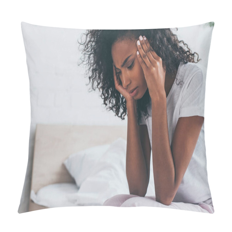 Personality  Pretty African American Woman Holding Hands Near Head While Suffering From Headache In Bedroom Pillow Covers