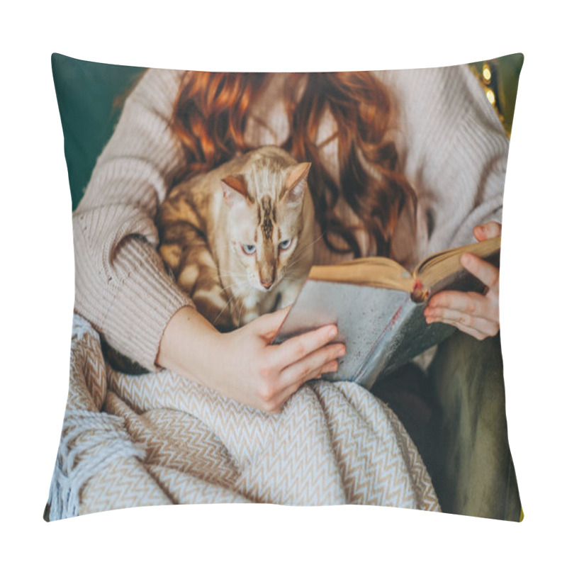 Personality  Love For Cats. A Woman Sits In A Chair At Home And Holds Her Beloved Bengal Cat In Her Arms. Reads A Book With A Cat In Her Arms. Pillow Covers