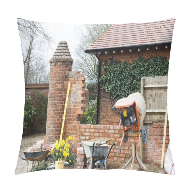 Personality  Construction Work With Tools And Cement Mixer, Building A Brick Garden Wall Outside A UK House Pillow Covers