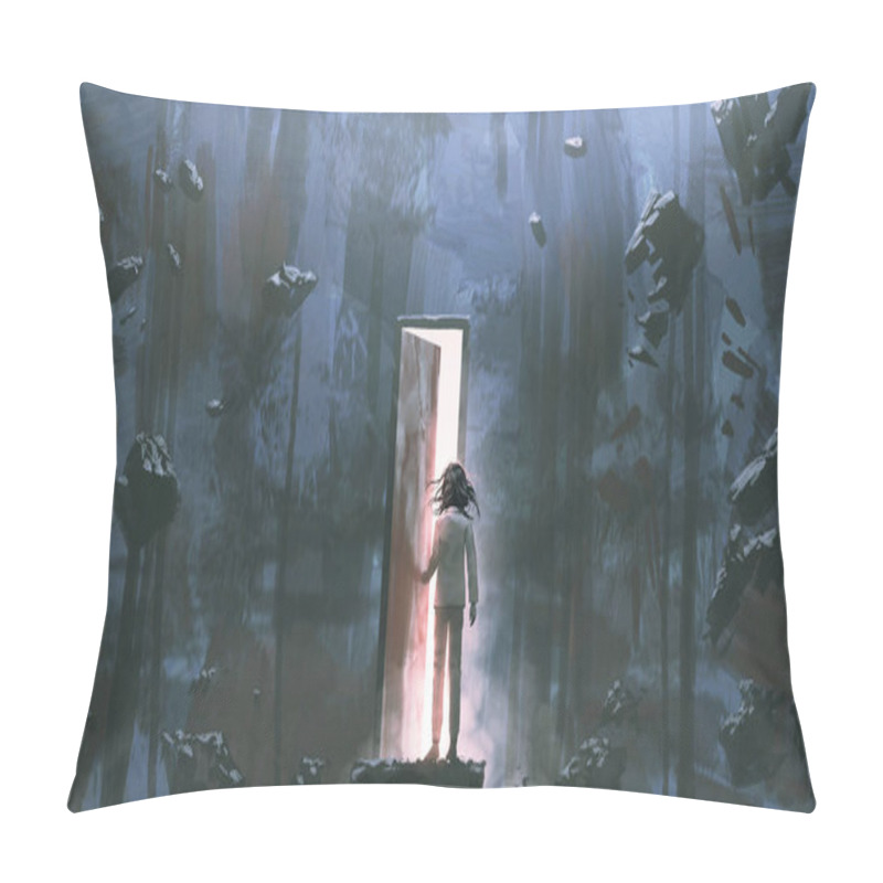 Personality  Child Standing In A Dark Place And Opening A Door Lit From Within, Digital Art Style, Illustration Painting Pillow Covers