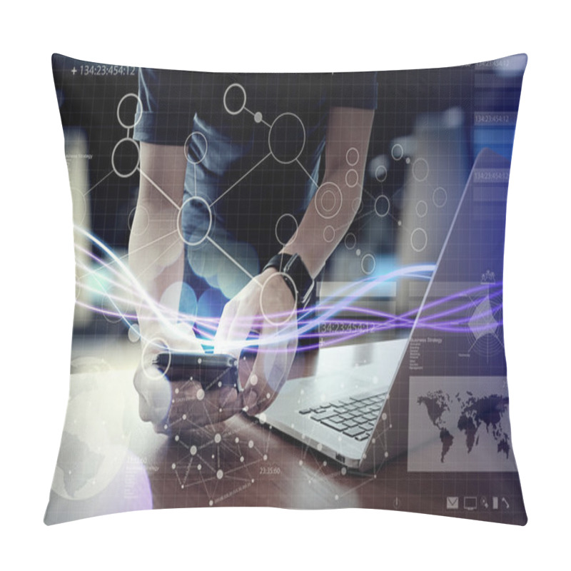 Personality  Waves Of Blue Light And Businessman Using On Smartphone As Conce Pillow Covers