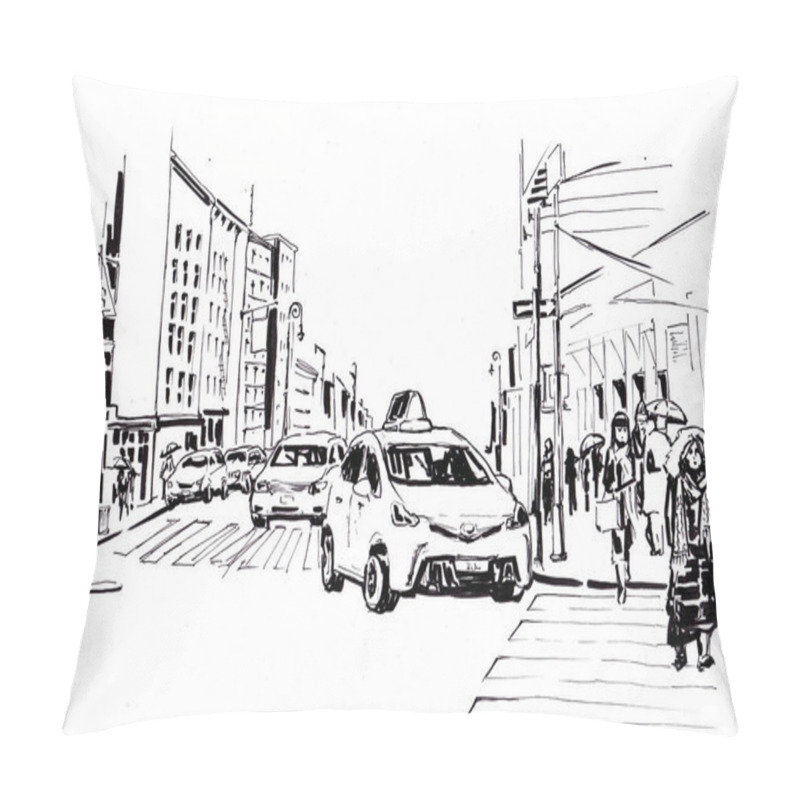 Personality  Street New York With Road And Cars. Sketch In Ink. Pillow Covers