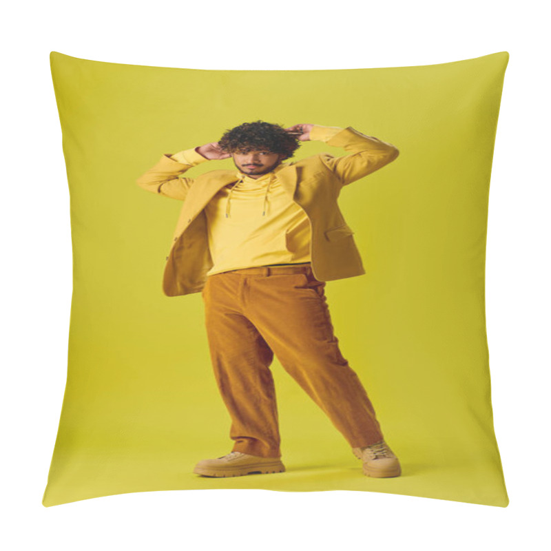 Personality  Handsome Indian Man In Vibrant Outfit Posing On Yellow Backdrop. Pillow Covers