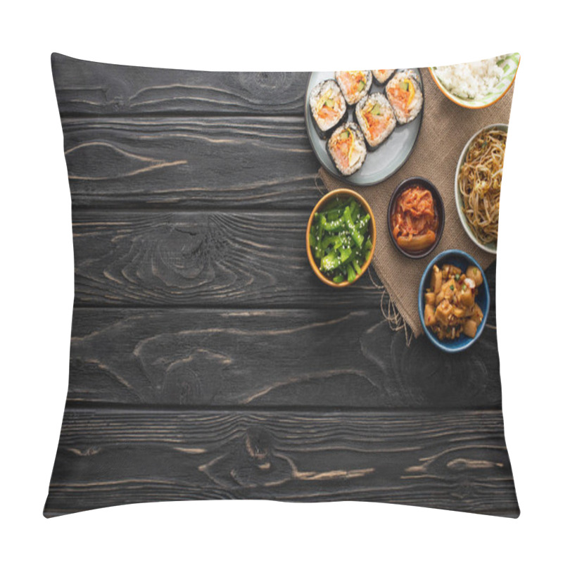 Personality  Top View Of Bowls With Tasty Korean Side Dishes Near Gimbap On Wooden Surface  Pillow Covers