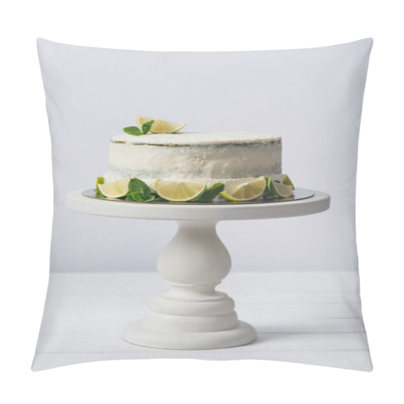 Personality  Cake Decorated With Slices Of Lime On Stand Isolated On White Pillow Covers