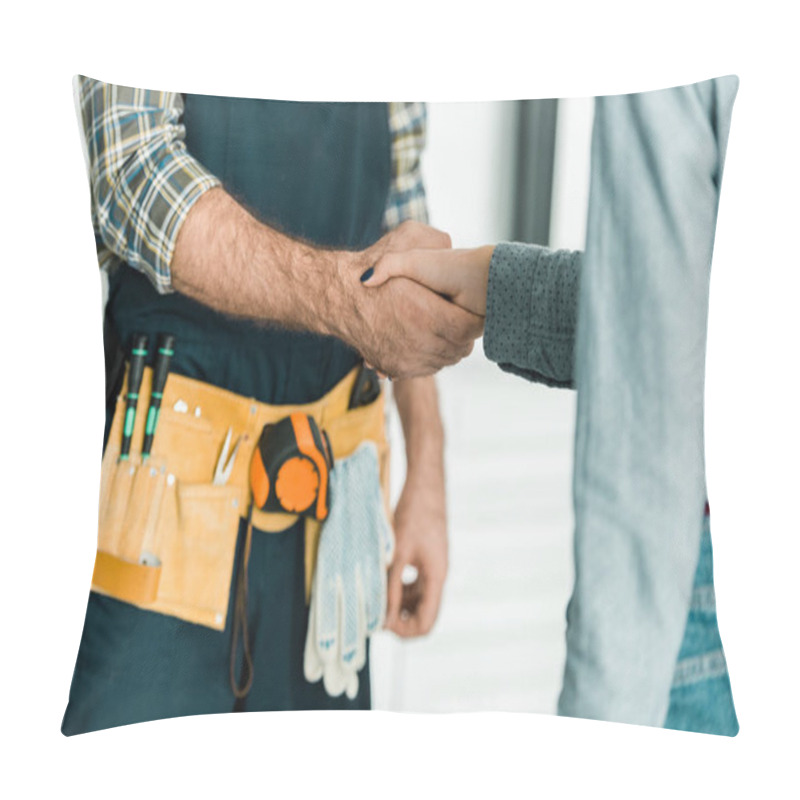 Personality  Cropped Image Of Plumber And Customer Shaking Hands In Kitchen Pillow Covers