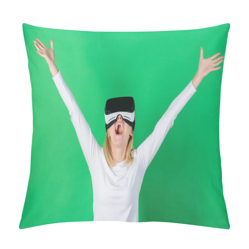 Personality  3d Technology, Virtual Reality, Entertainment, Cyberspace And People Concept. Happy Woman Exploring Augmented World, Interacting With Digital Interface. Innovation. Pillow Covers