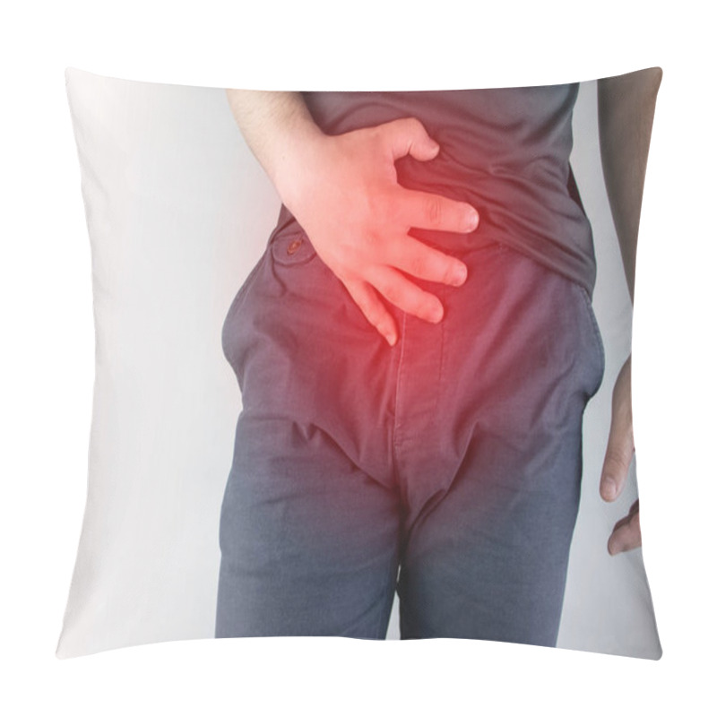 Personality  Man Front View. Pain In The Groin And Bladder. The Concept Of Pain In Men As A Result Of Prostatitis, Inflammation Of The Bladder Or Genitourinary System. Frequent Urination. Pillow Covers