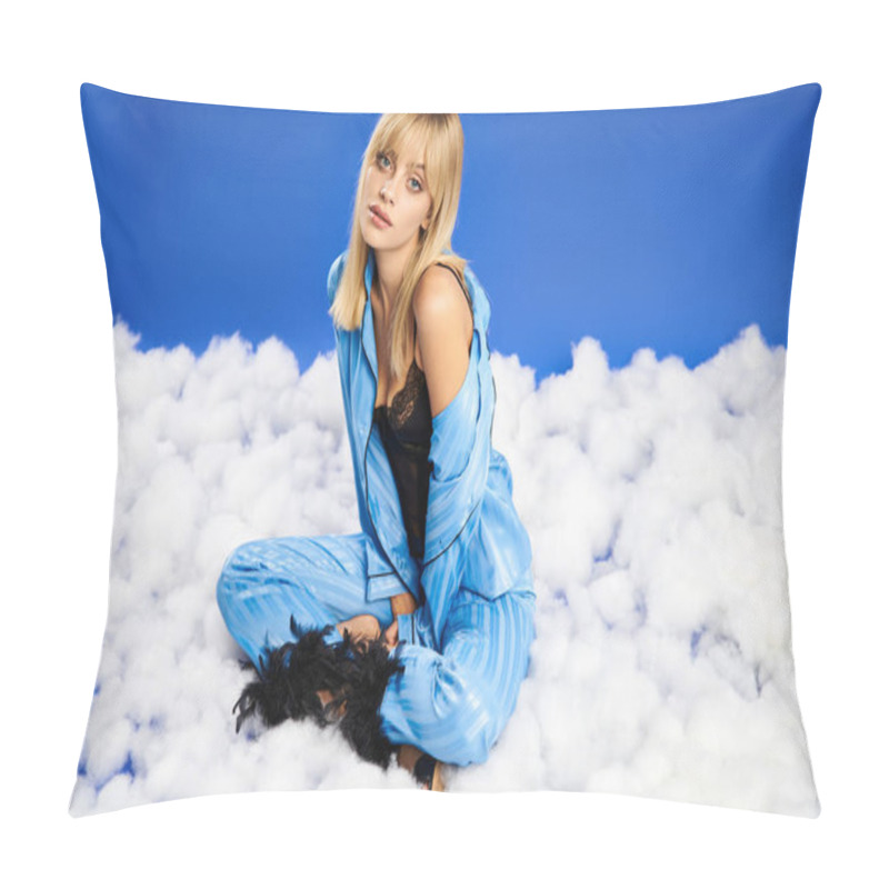 Personality  Alluring Blonde Woman In Vibrant Attire Sits Among Fluffy Clouds In A Clear Blue Sky. Pillow Covers