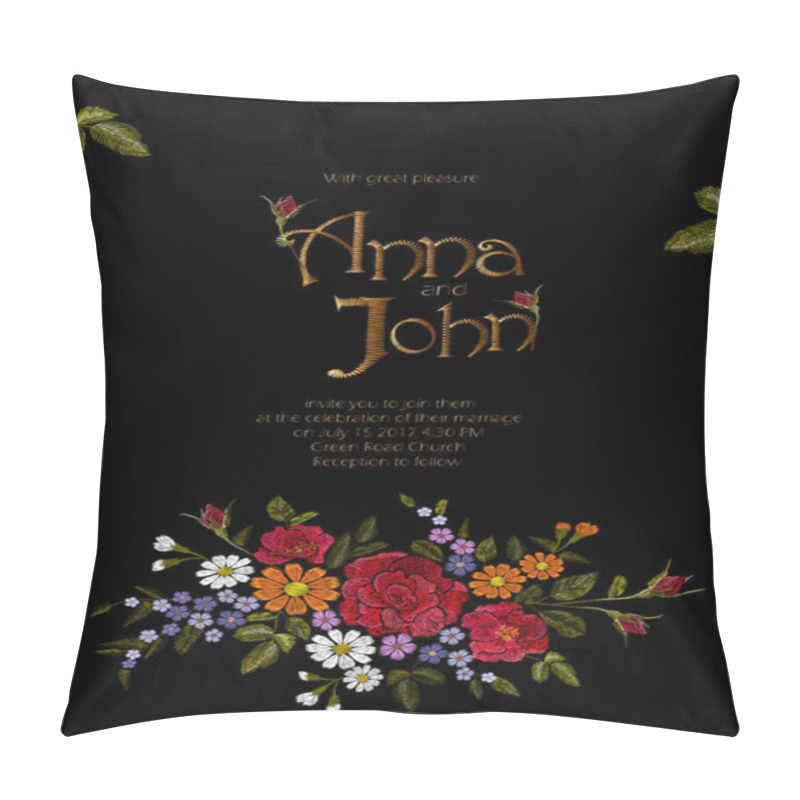 Personality  Field Flowers Wedding Invitation. Save The Date Greeting Card Floral Design. Wild Dog Rose Rustic Traditional Vintage Embroidery Vector Template Pillow Covers