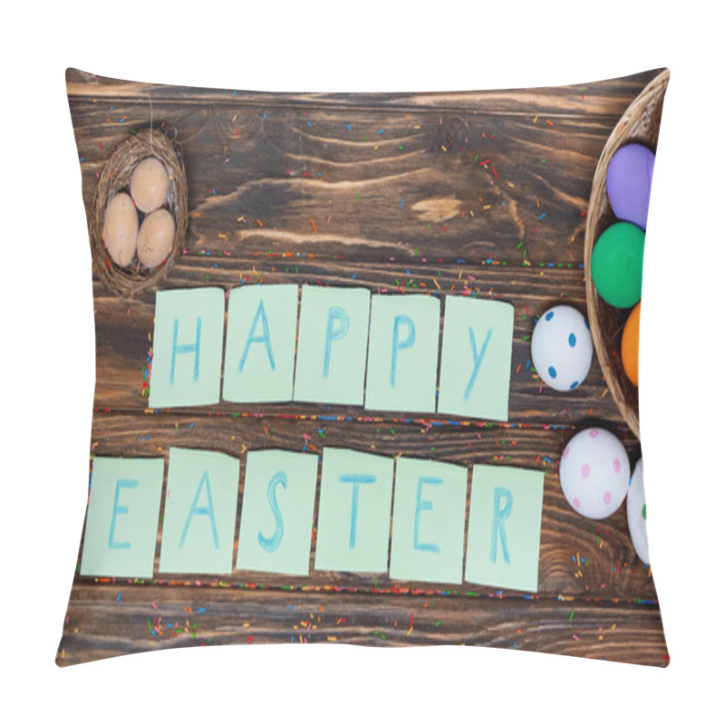 Personality  Top View Of Papers With Happy Easter Lettering Near Painted Eggs  Pillow Covers