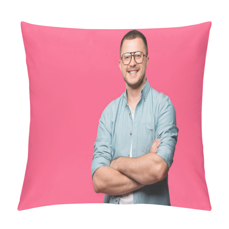 Personality  Handsome Happy Man Standing With Crossed Arms And Smiling At Camera Isolated On Pink Pillow Covers