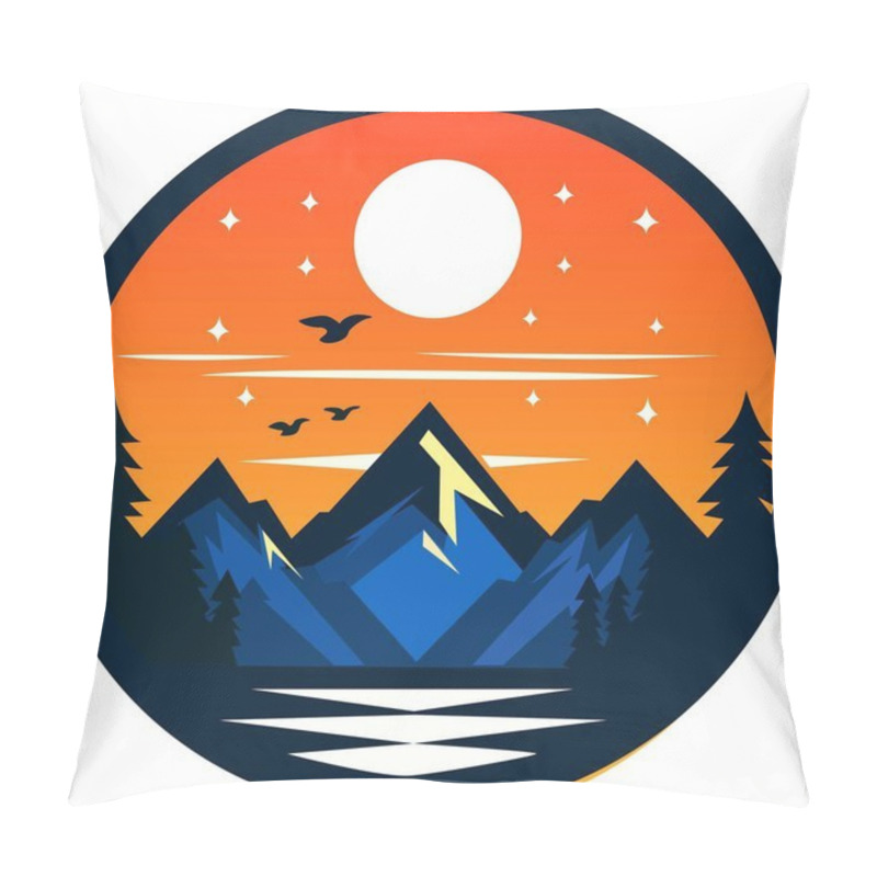 Personality  A Circular Illustration Of A Sunset Sky, Dark Blue Mountains, And A Calm Lake With Pine Trees And Flying Birds. Pillow Covers