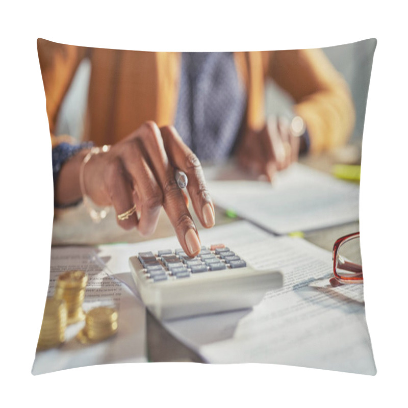 Personality  Close Up Of African American Woman Hands Calculating Tax While Working At Desk. Casual Businesswoman Using Calculator To Check Monthly Income And Expenses Of Her Freelance Activity. Mature Lady Calculating Business Balance And Prepare Tax Reduction W Pillow Covers