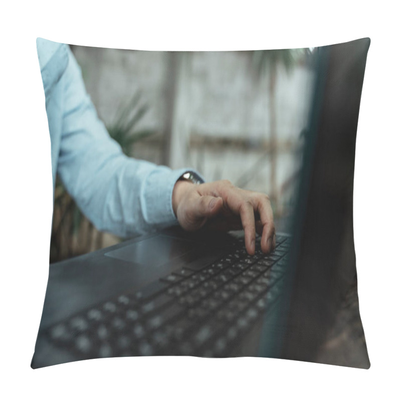 Personality  Close Up Shot Of Freelace Man's Hand In Blue Shirt Typing Something On His Computer In The Garden. Pillow Covers