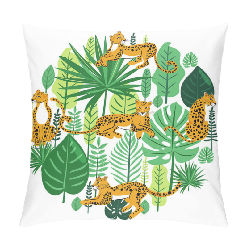 Personality  Tropical Leaves And Cute Leopards Around The Circle. Pillow Covers