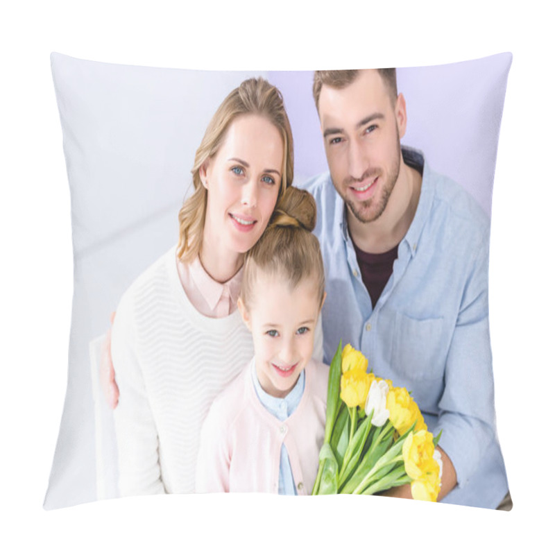 Personality  Adorable Child And Parents Holding Bouquet Of Tulips On 8 March Pillow Covers