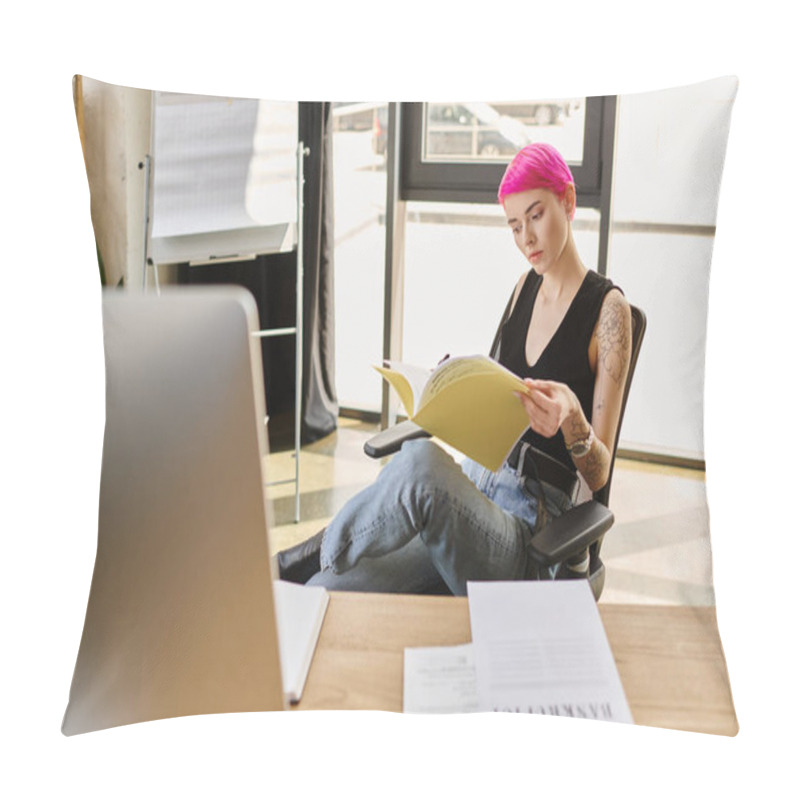 Personality  Young Female Worker In Casual Outfit Working Hard With Document With Word Bankruptcy On Desk Pillow Covers