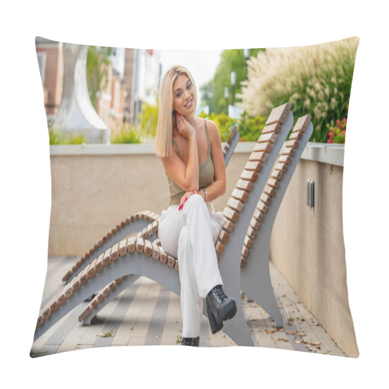 Personality  A Beautiful Young Woman Strolls Through Her Quaint Small Town, Basking In The Warmth Of Spring. Surrounded By Blooming Flowers And Fresh Air, She Radiates Joy, Enjoying The Peaceful Solitude. Pillow Covers