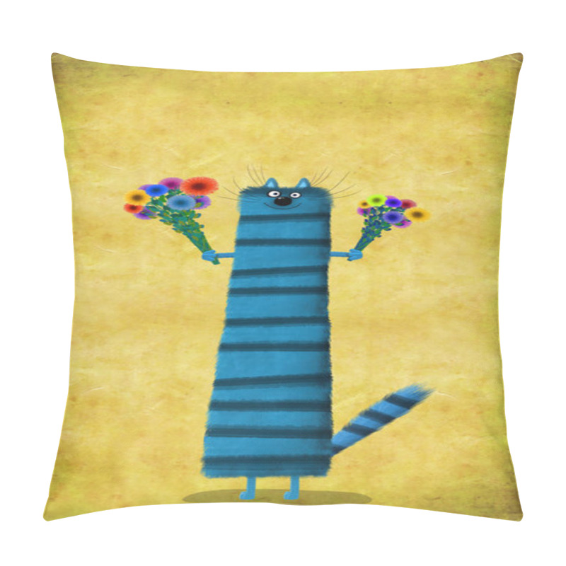 Personality  Long Striped Cat Standing On Hind Legs With Flowers  Pillow Covers