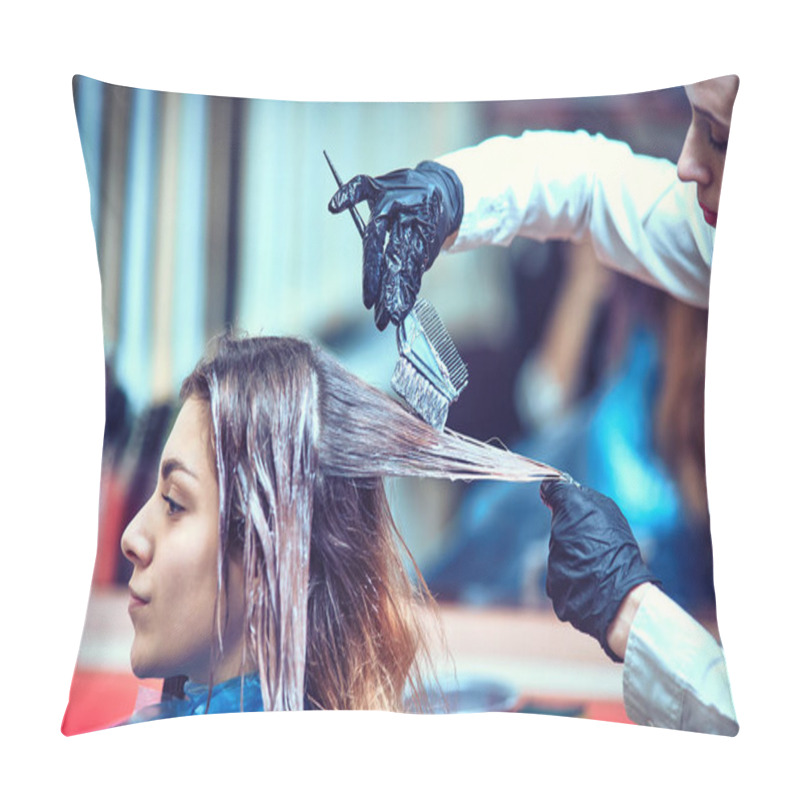 Personality  Brunette Woman Dying Her Hair At The Beauty Salon Pillow Covers