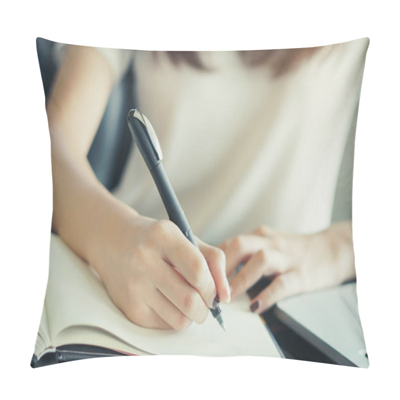 Personality  Close-up Hand Of Young Female Student Taking Note In To Diary Book. Selective Focus On Hand Holding A Pen. Pillow Covers