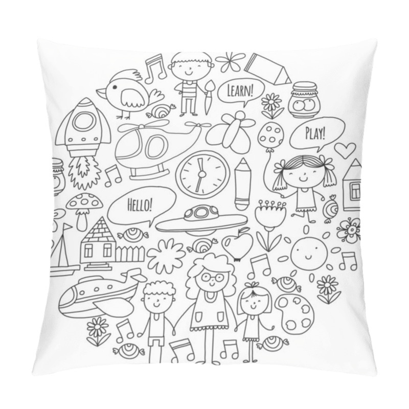 Personality  Vector Icons And Elements. Kindergarten, Toys. Little Children Play, Learn, Grow Together. Pillow Covers