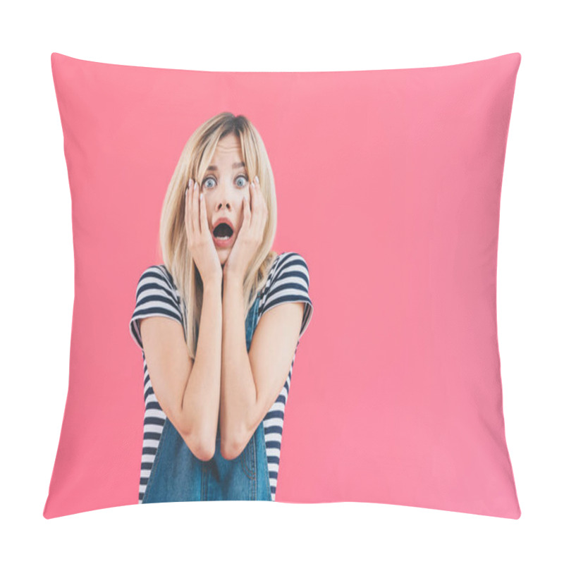 Personality  Shocked Girl In Denim Overall Touching Face And Looking At Camera Isolated On Pink Pillow Covers